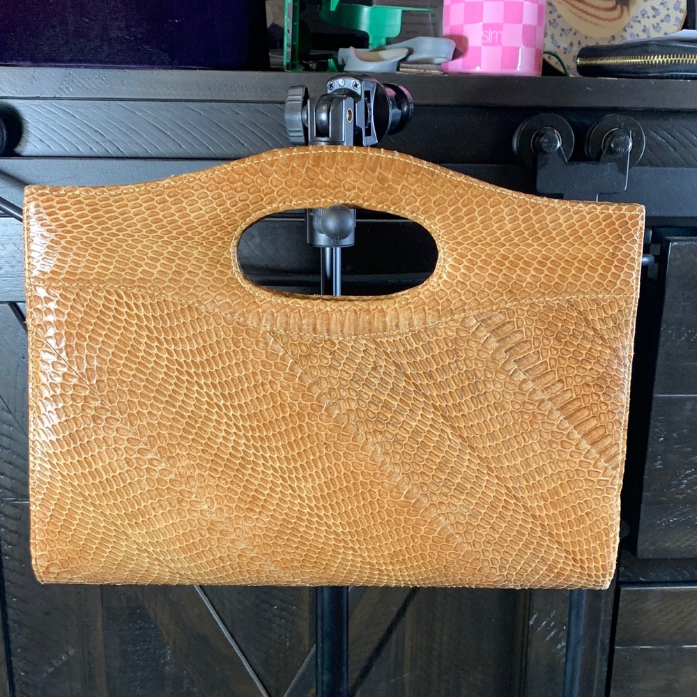 Vintage Genuine Lizard Skin Clutch –Tan Cutout Handle Exotic Leather Mid-Century